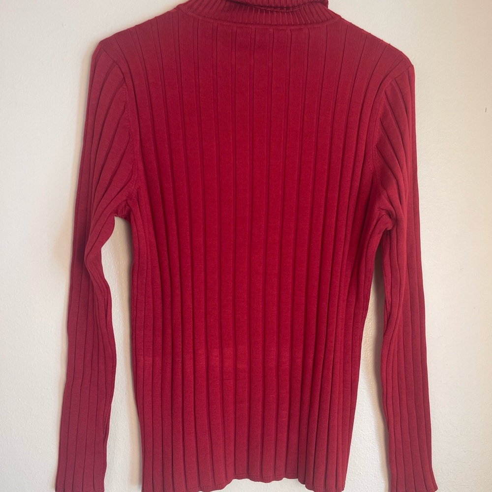 Red Silk Blend Ribbed Turtleneck Sweater XL Stretch Knit Minimalist Luxury Chic - Picture 13 of 14